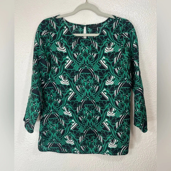 J. Crew Green Black Retro Floral Popover Blouse Top Women’s 2 Summer Business - Picture 15 of 15